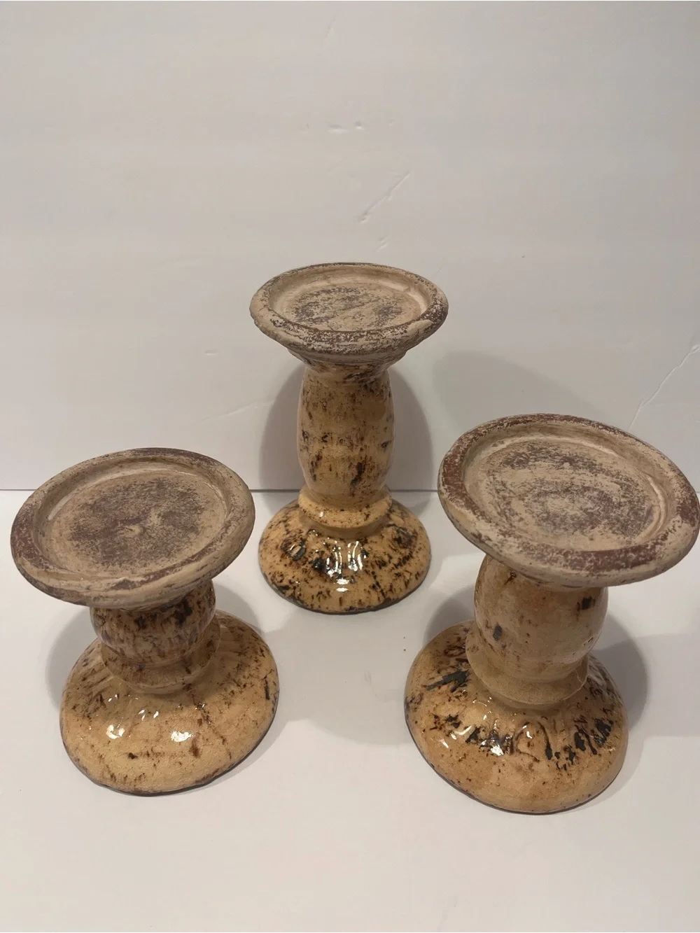 Vintage French Glazed Terracotta Pillar Candleholders Set of 3 Rare